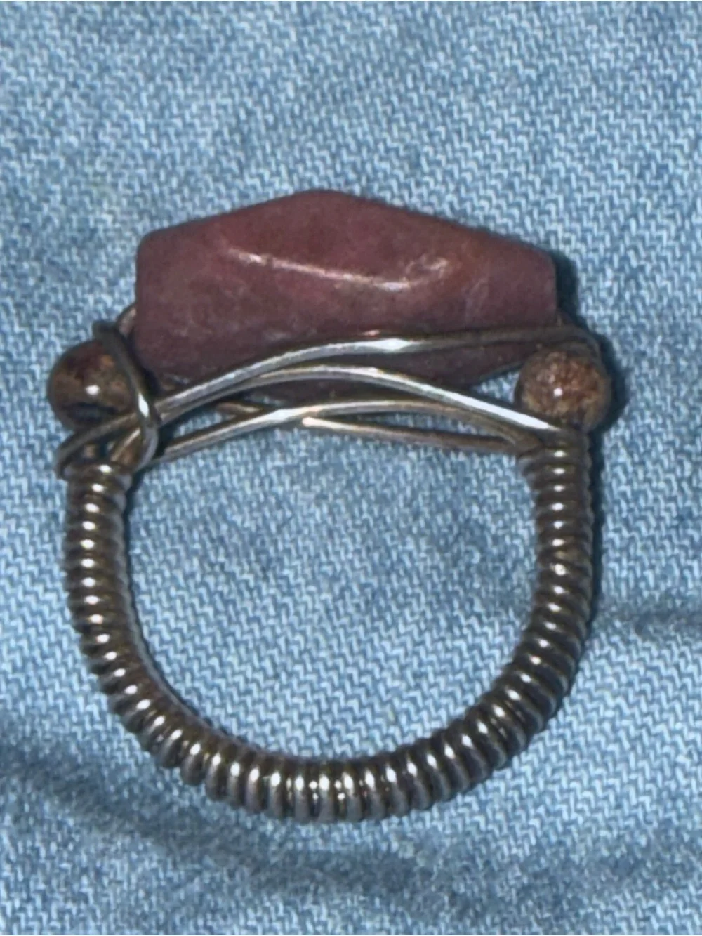 Vintage Artisan Sterling Silver Wire-Wrapped Ring w Natural Pink Rhodonite Stone